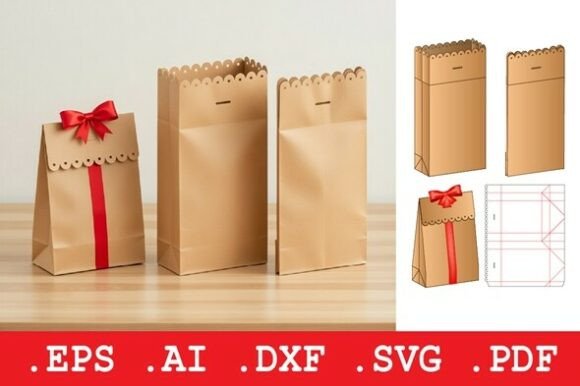 Scalloped Top Gift Bag with Ribbon Accen 3D SVG